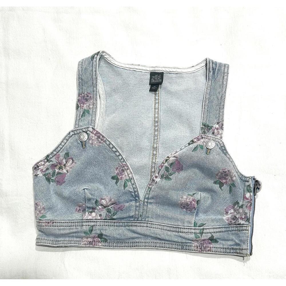 Wild Fable Printed Floral Denim Sleeveless Crop Top Size XS